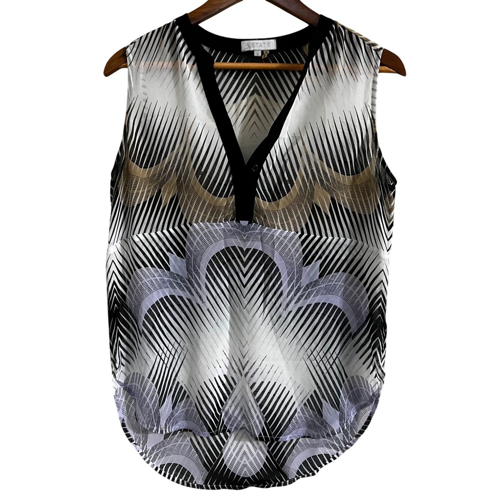 1.STATE Art‎ Deco Print Sleeveless Blouse S Black White Top